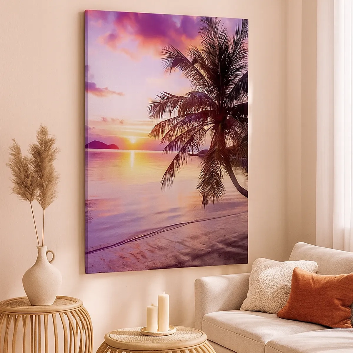 Cuadro sobre lienzo - Impresión de Imagen - Playa tropical con palmeras al atardecer - 50x70cm - Hermosura hasta el horizonte - Decoración de pared moderna para salón y dormitorio ARTTOR