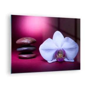 Cuadro sobre vidrio - Impresiones sobre Vidrio - Orquídea blanca y piedras sobre un fondo de luz violeta. - 70x50cm - Estudio de frescura en violeta - Decoración de pared moderna para salón y dormitorio ARTTOR