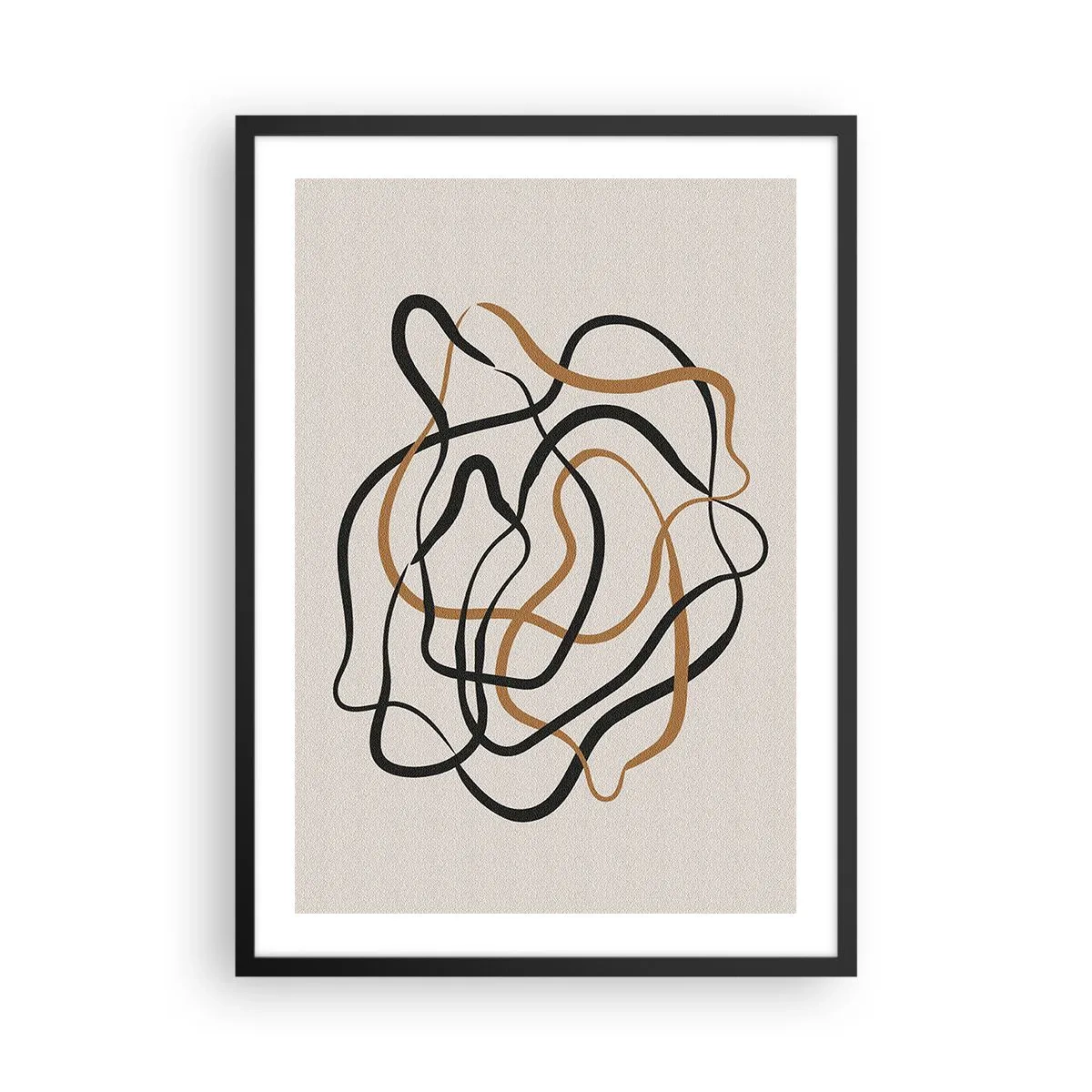 Póster en marco negro - Líneas abstractas enredadas en negro y dorado sobre beige - 50x70cm - Todo ha salido mal - Decoración de pared moderna para salón y dormitorio ARTTOR
