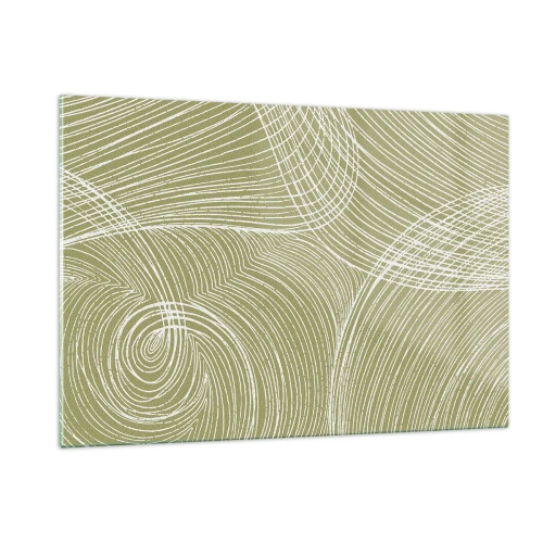 Cuadro sobre vidrio - Impresiones sobre Vidrio - Las líneas blancas forman una estructura compleja sobre un fondo verde oliva. - 120x80cm - Abstracción intrincada en blanco - Decoración de pared moderna para salón y dormitorio ARTTOR
