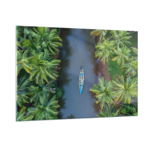 Cuadro sobre vidrio - Impresiones sobre Vidrio - Una vista de pájaro de un barco navegando por un canal entre palmeras tropicales. - 120x80cm - En un sendero tropical - Decoración de pared moderna para salón y dormitorio ARTTOR