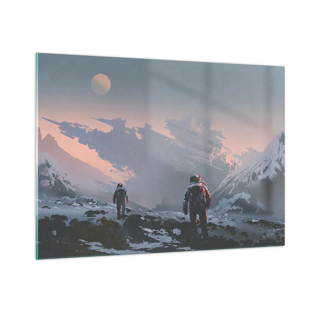 Cuadro sobre vidrio - Impresiones sobre Vidrio - Astronautas en un planeta alienígena con un naufragio al fondo - 100x70cm - Bajo una estrella desconocida - Decoración de pared moderna para salón y dormitorio ARTTOR