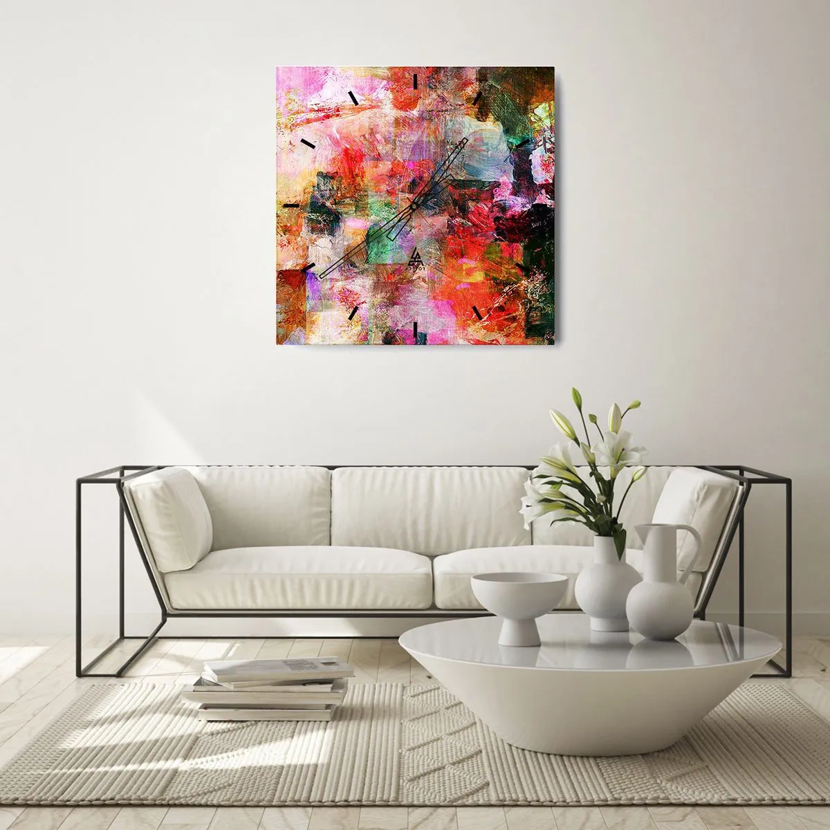 Reloj de pared - Reloj de vidrio - Una composición abstracta con tonos dominantes de rosa y rojo. - 30x30cm - Un viaje a través del rosa - Decoración de pared moderna para salón y dormitorio ARTTOR