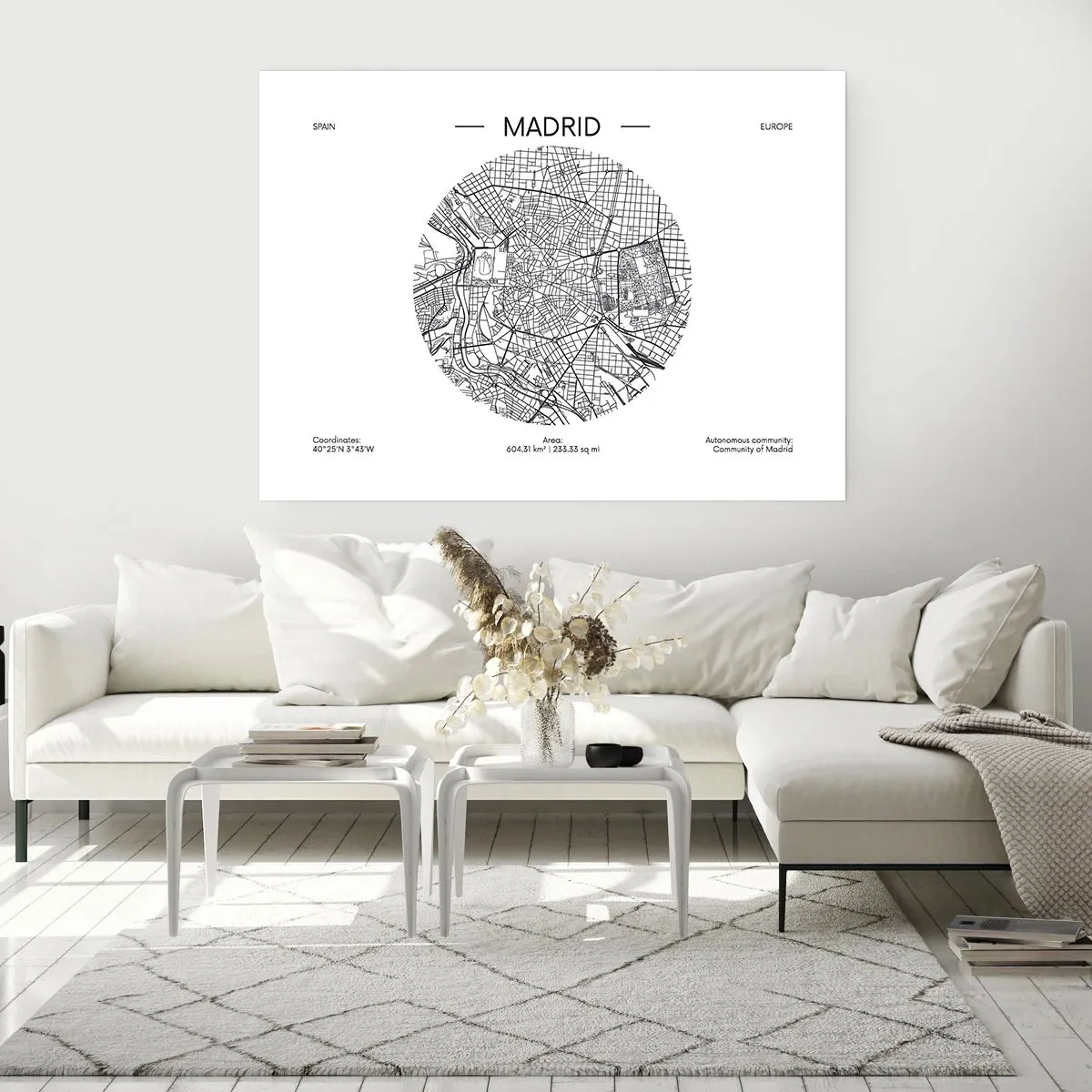 Póster - Mapa de Madrid en estilo minimalista en blanco y negro - 100x70cm - Anatomía de Madrid - Decoración de pared moderna para salón y dormitorio ARTTOR