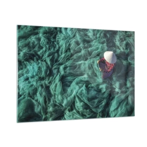Cuadro sobre vidrio - Impresiones sobre Vidrio - Una mujer con un sombrero tradicional remendando redes - 100x70cm - En un mar de redes - Decoración de pared moderna para salón y dormitorio ARTTOR