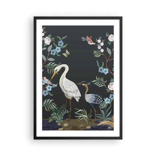 Póster en marco negro - Ilustración de pájaros entre flores sobre un fondo oscuro - 50x70cm - Desfile de aves - Decoración de pared moderna para salón y dormitorio ARTTOR