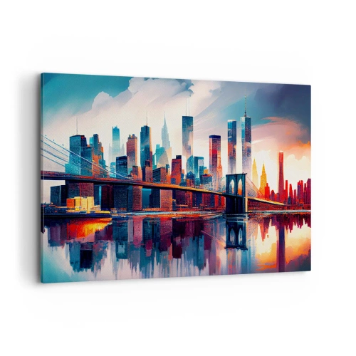 Cuadro sobre lienzo - Impresión de Imagen - Panorama de la ciudad de Nueva York con puente y reflejo en el agua - 100x70cm - Nueva York siempre luce - Decoración de pared moderna para salón y dormitorio ARTTOR