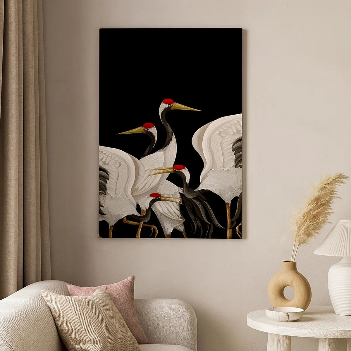 Cuadro sobre lienzo - Impresión de Imagen - Grúas blancas con acentos rojos sobre fondo negro - 50x70cm - Asuntos de aves - Decoración de pared moderna para salón y dormitorio ARTTOR