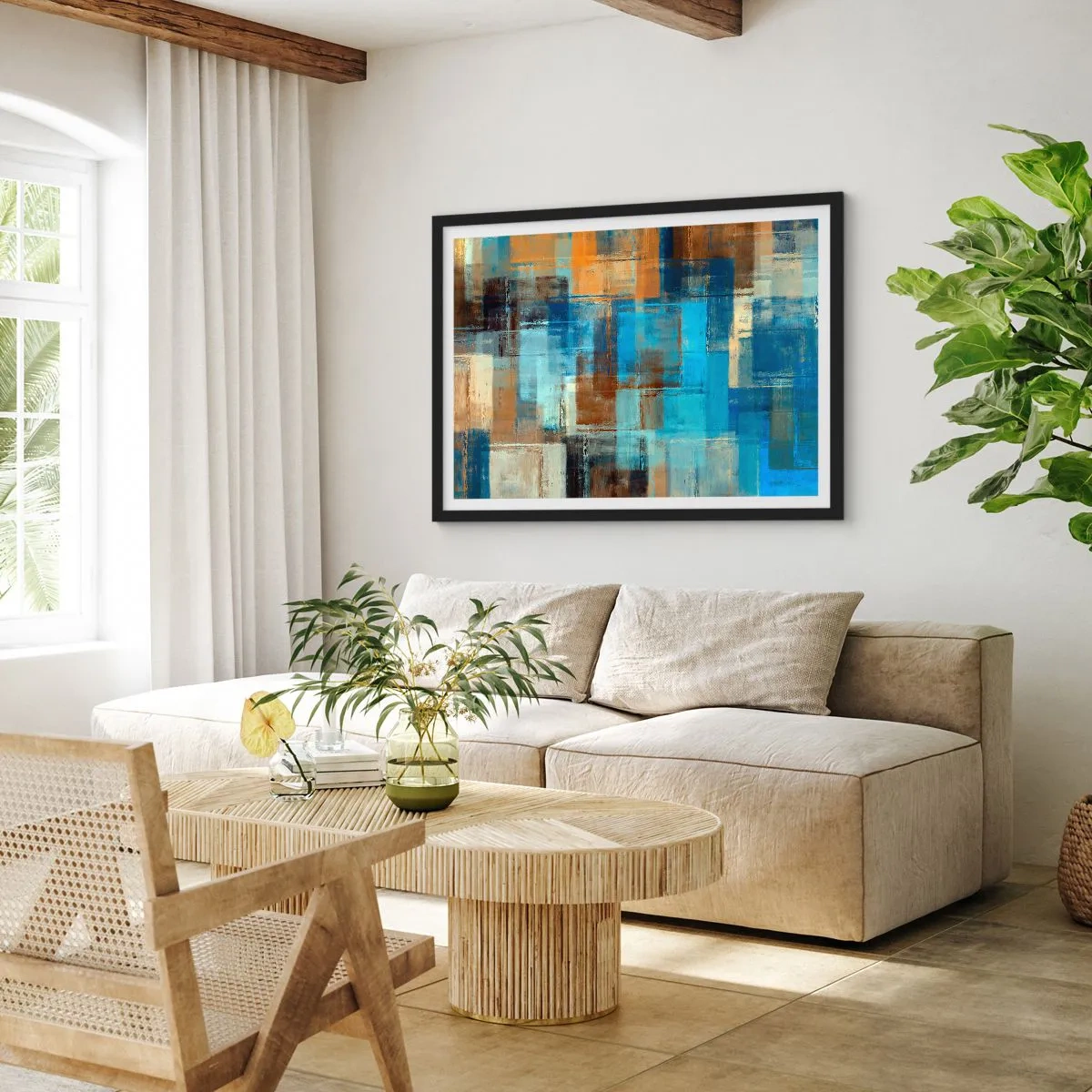 Póster en marco negro - Composición geométrica abstracta en tonos azules y marrones. - 70x50cm - A través del velo azul - Decoración de pared moderna para salón y dormitorio ARTTOR