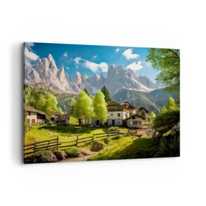Cuadro sobre lienzo - Impresión de Imagen - Un pueblo de montaña con casas y vistas a los Alpes. - 120x80cm - Idilio alpino - Decoración de pared moderna para salón y dormitorio ARTTOR