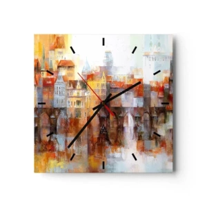 Reloj de pared - Reloj de vidrio - Un pintoresco panorama de la ciudad con un puente en colores otoñales. - 30x30cm - Puente y ciudad - Decoración de pared moderna para salón y dormitorio ARTTOR