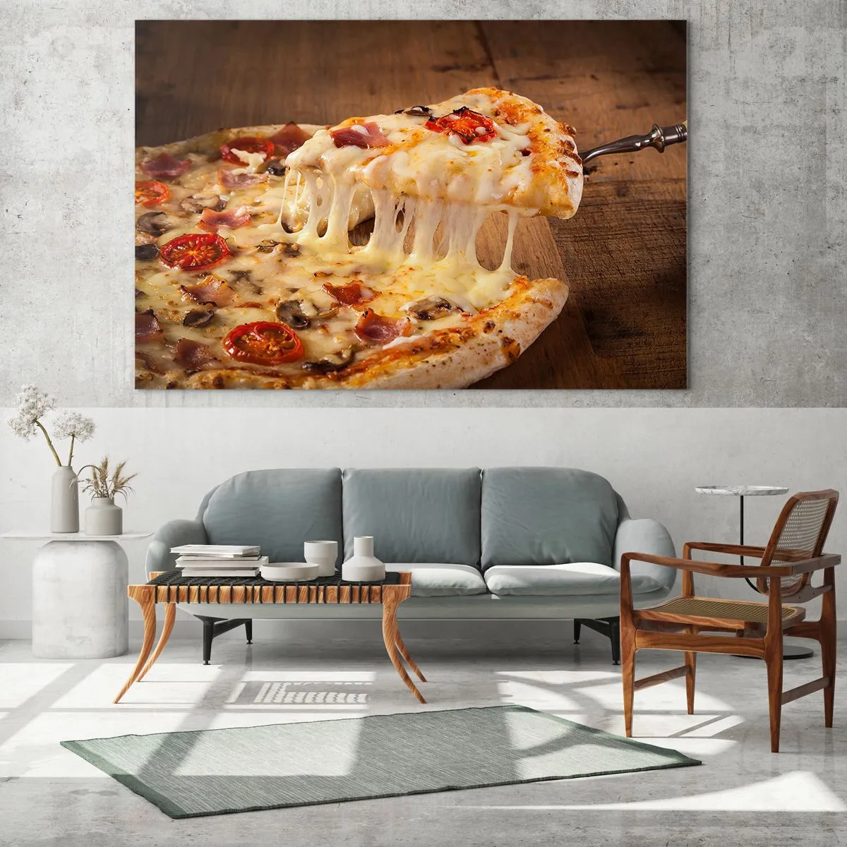 Cuadro sobre vidrio - Impresiones sobre Vidrio - Pizza con queso fibroso, tomates y jamón sobre un fondo de madera - 120x80cm - Una obra maestra del arte italiano - Decoración de pared moderna para salón y dormitorio ARTTOR