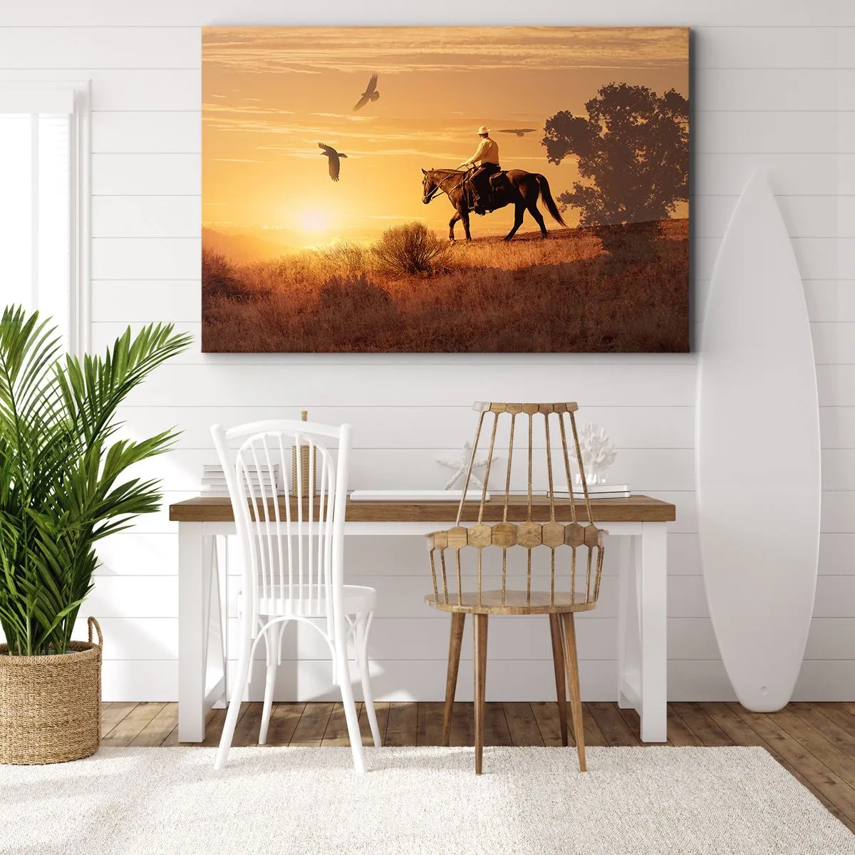 Cuadro sobre lienzo - Impresión de Imagen - Un jinete a caballo al atardecer contra la pradera. - 70x50cm - Solo a través de la pradera - Decoración de pared moderna para salón y dormitorio ARTTOR