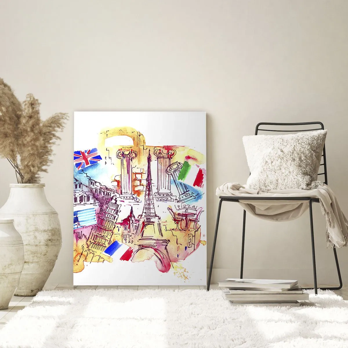 Cuadro sobre vidrio - Impresiones sobre Vidrio - Acuarela de símbolos europeos con banderas de países. - 80x120cm - Gira europea - Decoración de pared moderna para salón y dormitorio ARTTOR