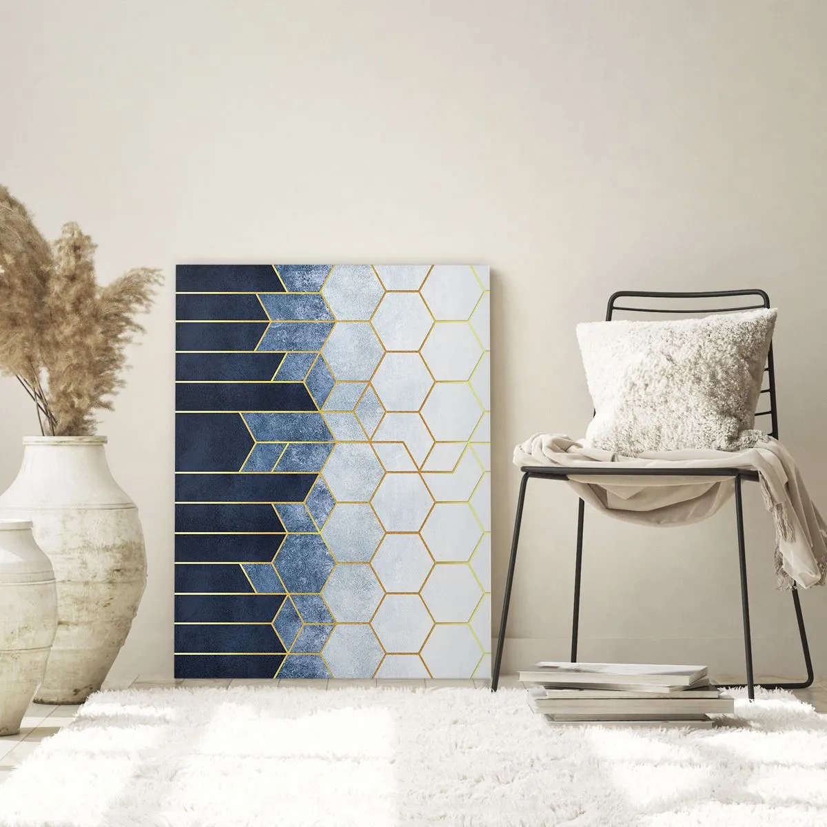 Cuadro sobre vidrio - Impresiones sobre Vidrio - Patrón geométrico en tonos dorados y azul marino. - 70x100cm - Composición rítmica visual - Decoración de pared moderna para salón y dormitorio ARTTOR