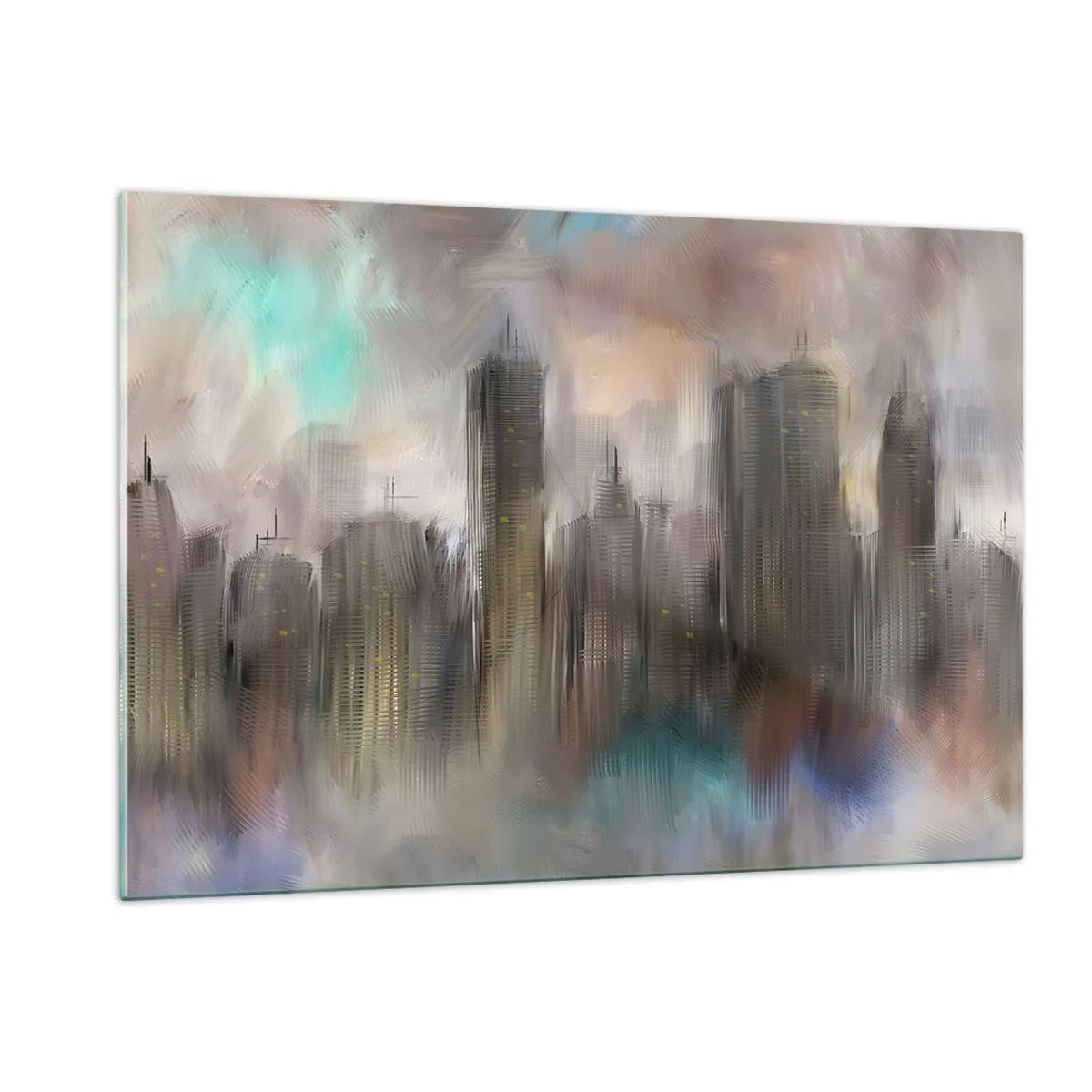 Cuadro sobre vidrio - Impresiones sobre Vidrio - Imagen abstracta de una ciudad con rascacielos. - 120x80cm - Una composición de acero, piedra y niebla - Decoración de pared moderna para salón y dormitorio ARTTOR