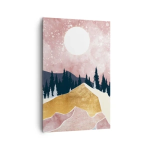 Cuadro sobre lienzo - Impresión de Imagen - Montañas coloridas contra un cielo rosado con una luna - 80x120cm - Vigilancia nocturna - Decoración de pared moderna para salón y dormitorio ARTTOR