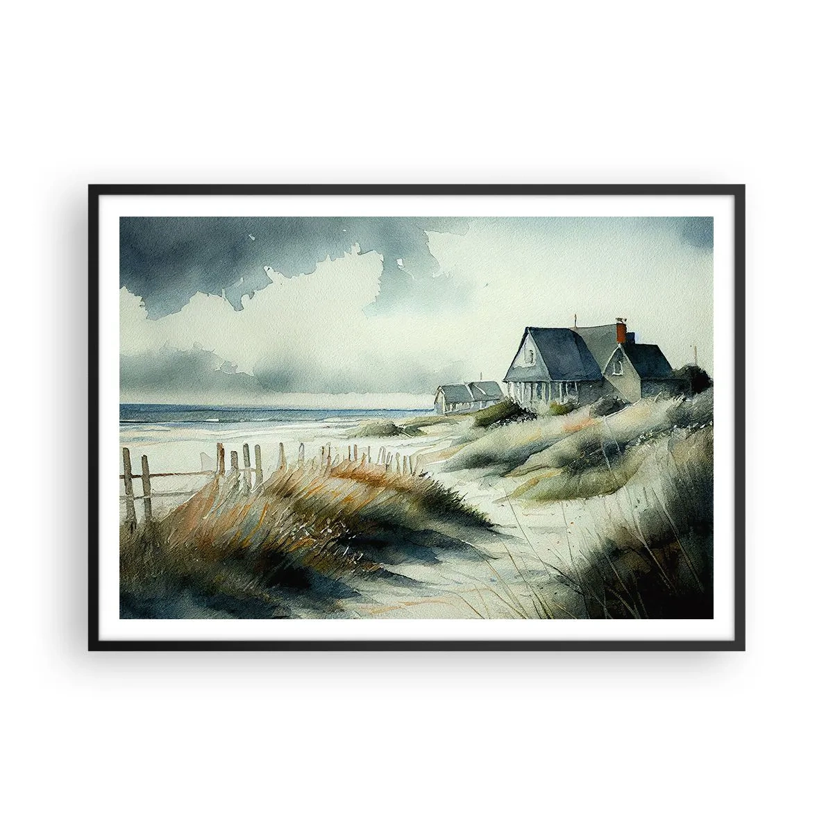 Póster en marco negro - Una casa junto al mar rodeada de césped y con vistas al mar. - 100x70cm - Lejos del bullicio - Decoración de pared moderna para salón y dormitorio ARTTOR