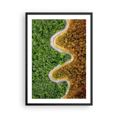 Póster en marco negro - Un camino que serpentea a través de un bosque dividido en partes verdes y otoñales. - 50x70cm - Frontera serpenteante - Decoración de pared moderna para salón y dormitorio ARTTOR