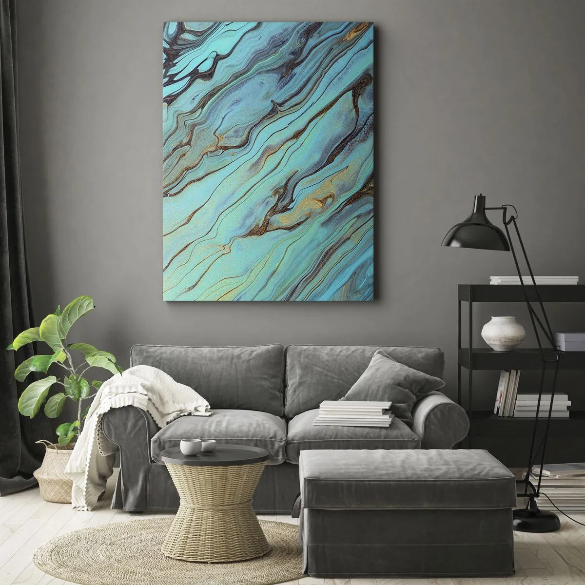 Cuadro sobre lienzo - Impresión de Imagen - Ondas abstractas en tonos turquesa y dorado - 50x70cm - Marea turquesa - Decoración de pared moderna para salón y dormitorio ARTTOR