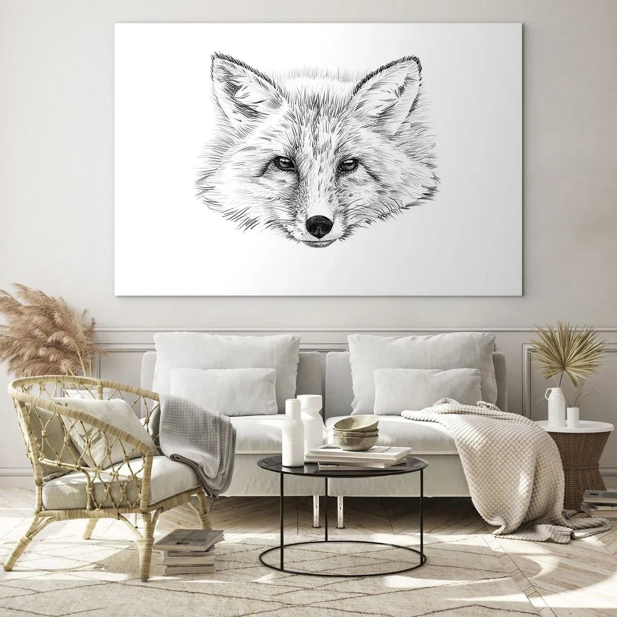 Cuadro sobre vidrio - Impresiones sobre Vidrio - Dibujo de la cabeza de un zorro sobre un fondo blanco. - 70x50cm - ¿Pueden mentir estos ojos? - Decoración de pared moderna para salón y dormitorio ARTTOR