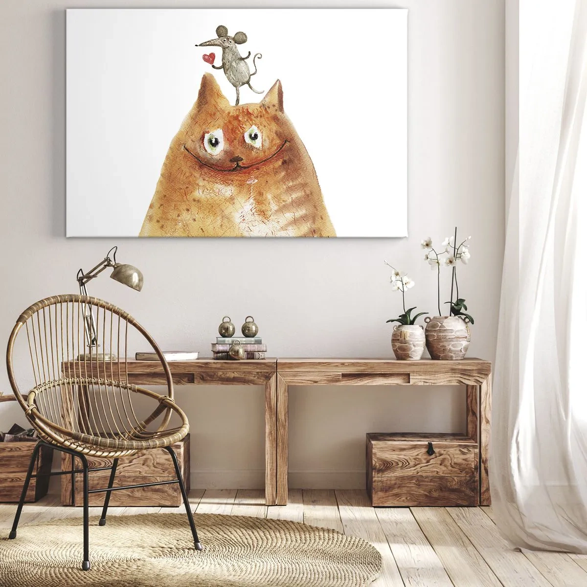 Cuadro sobre lienzo - Impresión de Imagen - Un dibujo de un gato con un ratón en la cabeza sosteniendo un corazón. - 70x50cm - Paradojas del amor - Decoración de pared moderna para salón y dormitorio ARTTOR