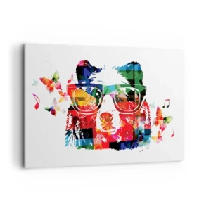 Cuadro sobre lienzo - Impresión de Imagen - Oso colorido con gafas con mariposas y notas musicales. - 120x80cm - ¡Me encanta! - Decoración de pared moderna para salón y dormitorio ARTTOR