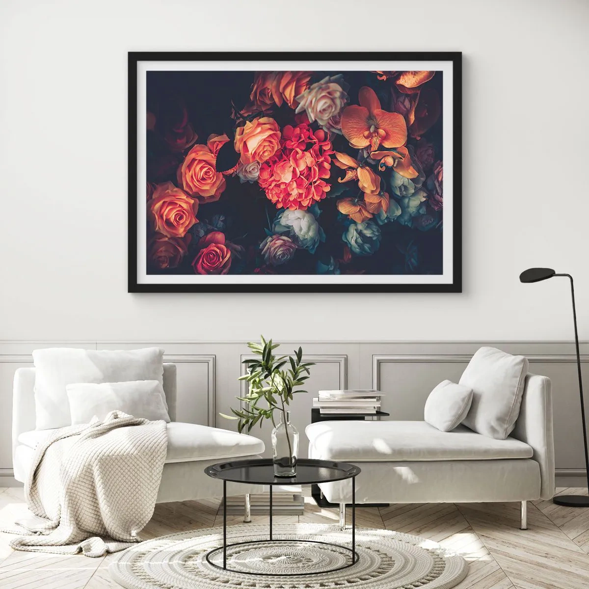 Póster en marco negro - Un ramo de varias flores en tonos oscuros. - 70x50cm - Como los maestros holandeses - Decoración de pared moderna para salón y dormitorio ARTTOR