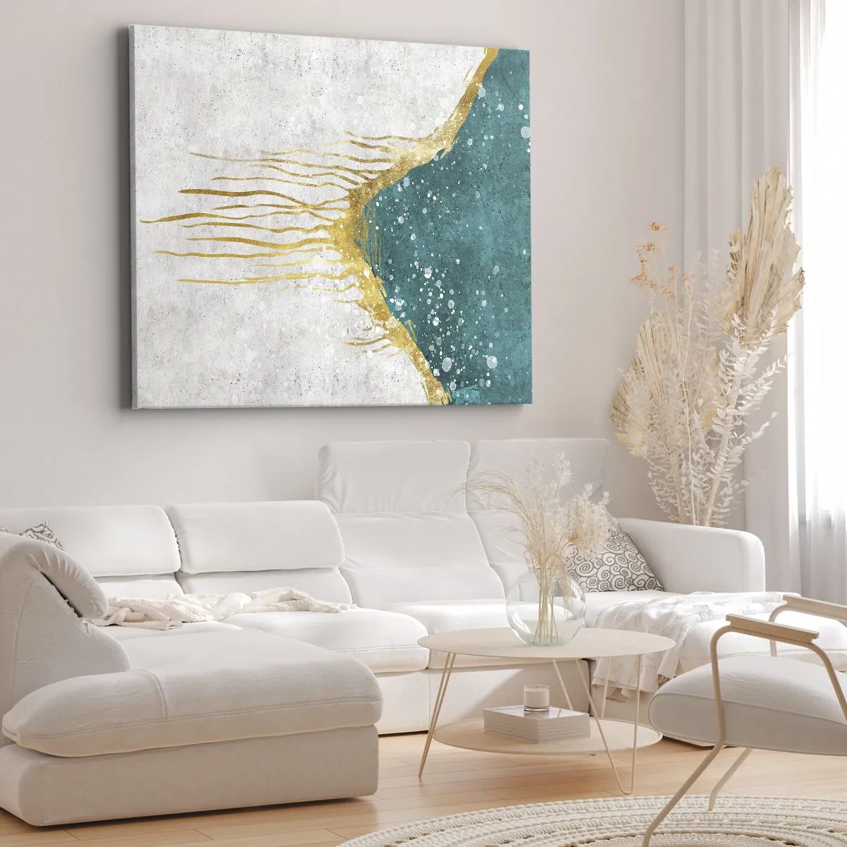 Cuadro sobre lienzo - Impresión de Imagen - Una composición abstracta en tonos dorados y turquesas. - 70x50cm - Marea dorada - Decoración de pared moderna para salón y dormitorio ARTTOR