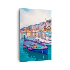 Cuadro sobre lienzo - Impresión de Imagen - Un colorido pueblo costero con barcos en el puerto. - 80x120cm - Una noche colorida en el puerto - Decoración de pared moderna para salón y dormitorio ARTTOR