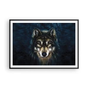Póster en marco negro - Retrato de un lobo sobre un fondo azul oscuro - 100x70cm - ¿Alfa? Y omega - Decoración de pared moderna para salón y dormitorio ARTTOR