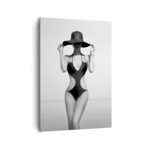Cuadro sobre lienzo - Impresión de Imagen - Silueta en blanco y negro de una mujer con sombrero contra el fondo del mar. - 50x70cm - Mi nombre es Elegancia - Decoración de pared moderna para salón y dormitorio ARTTOR