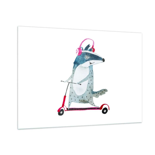 Cuadro sobre vidrio - Impresiones sobre Vidrio - Tejón con auriculares en un scooter de acuarela - 100x70cm - Alegrías de tejón - Decoración de pared moderna para salón y dormitorio ARTTOR