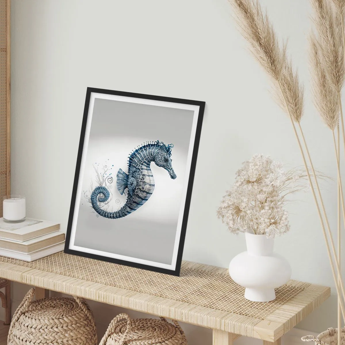 Póster en marco negro - Ilustración detallada de un caballito de mar sobre un fondo claro. - 50x70cm - Una sutil broma de la naturaleza - Decoración de pared moderna para salón y dormitorio ARTTOR