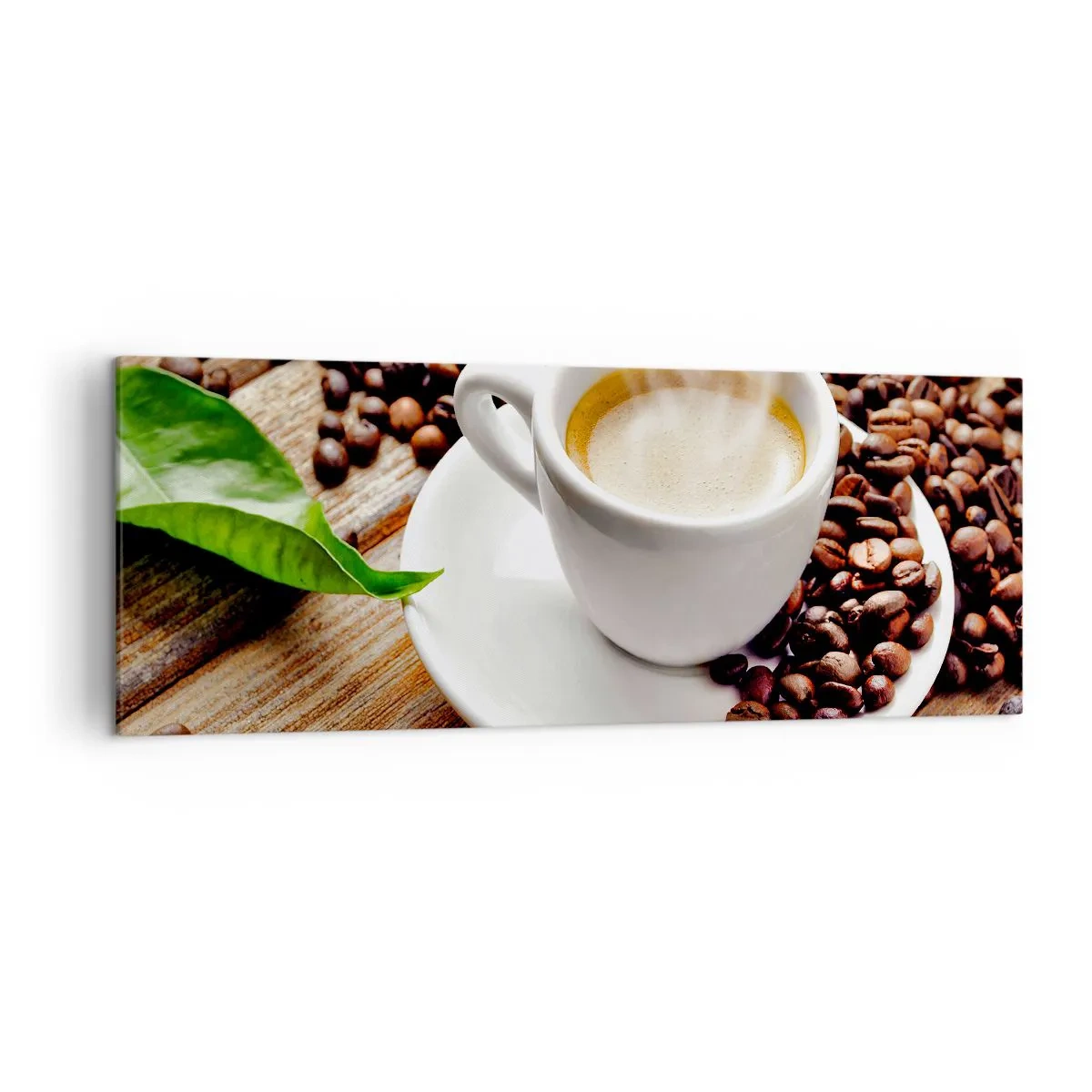 Cuadro sobre lienzo - Impresión de Imagen - Una taza de café aromático sobre un fondo de granos y una hoja. - 140x50cm - Café en el banco - Decoración de pared moderna para salón y dormitorio ARTTOR
