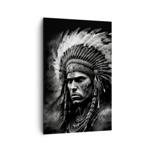 Cuadro sobre lienzo - Impresión de Imagen - Retrato de un jefe con un tocado de plumas sobre un fondo negro - 80x120cm - Líder y guerrero - Decoración de pared moderna para salón y dormitorio ARTTOR