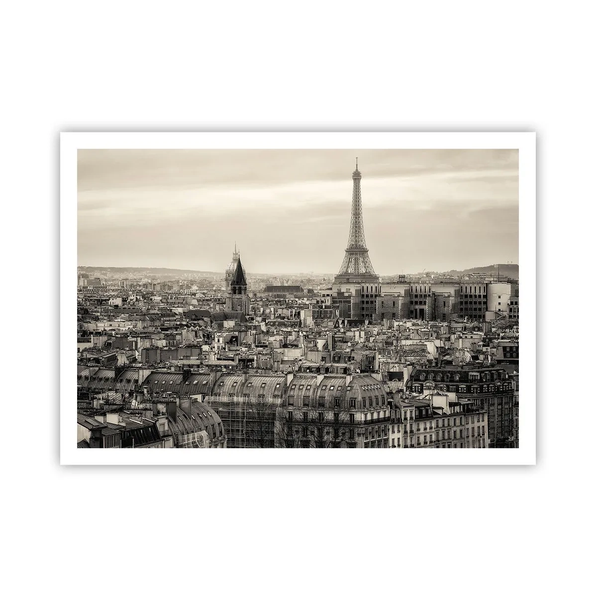 Póster - Panorama de París con la Torre Eiffel en tonos sepia - 100x70cm - Sobre los tejados de París - Decoración de pared moderna para salón y dormitorio ARTTOR