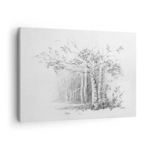 Cuadro sobre lienzo - Impresión de Imagen - Un dibujo de un bosque de abedules en un sutil boceto a lápiz. - 70x50cm - La luz de un bosque de abedules - Decoración de pared moderna para salón y dormitorio ARTTOR