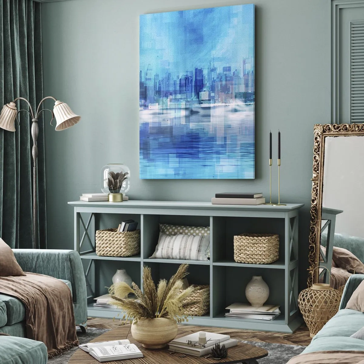 Cuadro sobre lienzo - Impresión de Imagen - Panorama abstracto de la ciudad en tonos azules - 50x70cm - La urbe azul - Decoración de pared moderna para salón y dormitorio ARTTOR