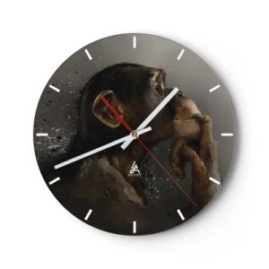 Reloj de pared - Reloj de vidrio - Un chimpancé pensativo sobre un fondo oscuro. - 30x30cm - La evolución del pensador - Decoración de pared moderna para salón, cocina y dormitorio ARTTOR