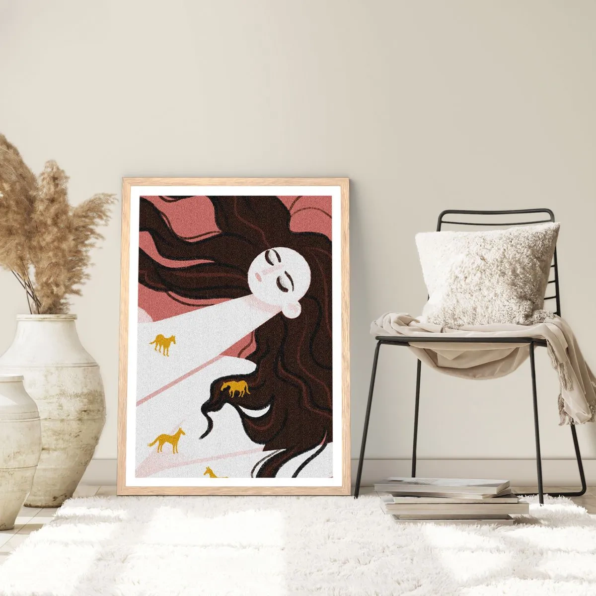 Póster en marco roble claro - Sueño de caballos dorados - 70x100 cm