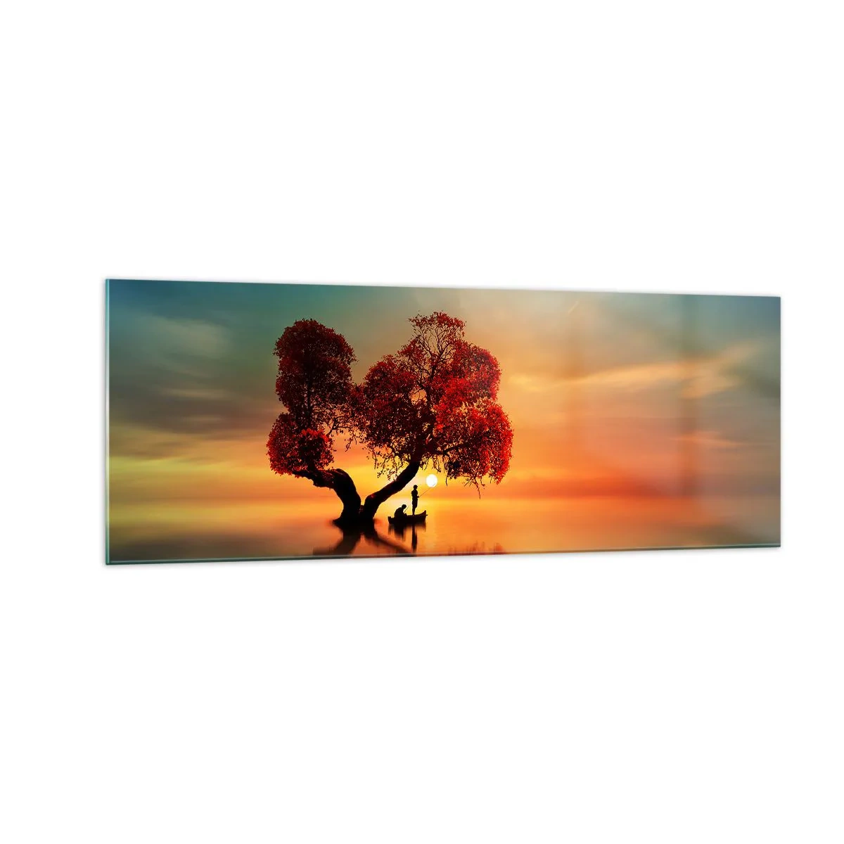 Cuadro sobre vidrio - Impresiones sobre Vidrio - Un árbol de hojas rojas y un barco en el agua al atardecer. - 140x50cm - La lejanía y el silencio del mundo - Decoración de pared moderna para salón y dormitorio ARTTOR