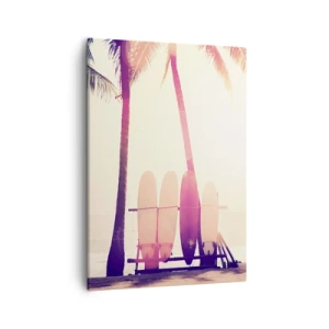 Cuadro sobre lienzo - Impresión de Imagen - Palmeras y tablas de surf en la playa bajo el sol. - 50x70cm - Va a ser un gran día - Decoración de pared moderna para salón y dormitorio ARTTOR