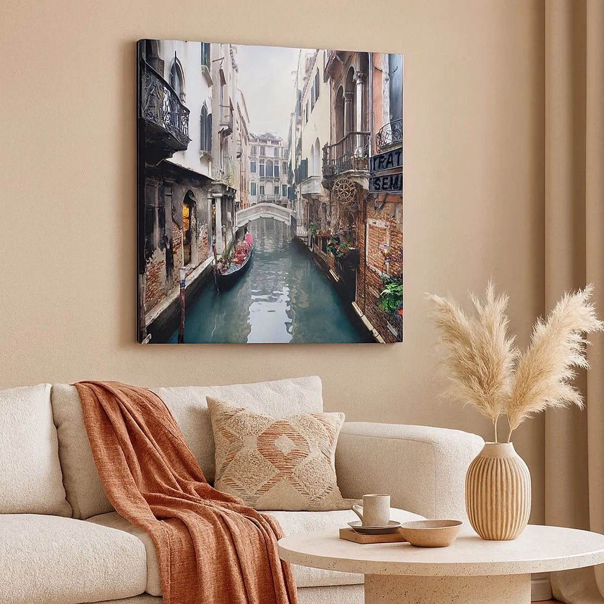 Cuadro sobre lienzo - Impresión de Imagen - Paisaje veneciano con góndola y puente - 30x30 cm
