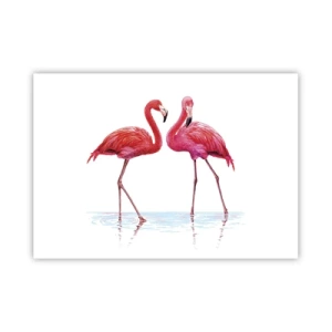 Póster - Una pareja de flamencos en el agua contra un fondo claro. - 100x70cm - Cita rosada - Decoración de pared moderna para salón y dormitorio ARTTOR