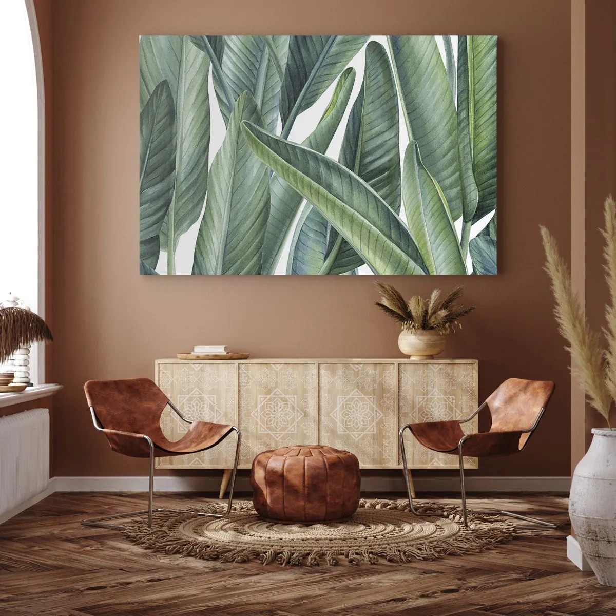 Cuadro sobre lienzo - Impresión de Imagen - Hojas verdes en un estilo botánico minimalista. - 70x50cm - Vegetación en estado puro - Decoración de pared moderna para salón y dormitorio ARTTOR