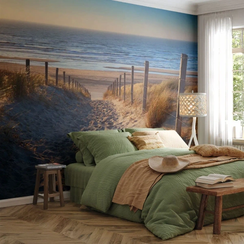 Fotomural Premium Sand - Camino de arena a la playa con vistas al mar. - 100x70cm - El sonido del mar, el canto de los pájaros, una playa virgen entre las dunas... - Decoración de pared moderna para salón y dormitorio ARTTOR