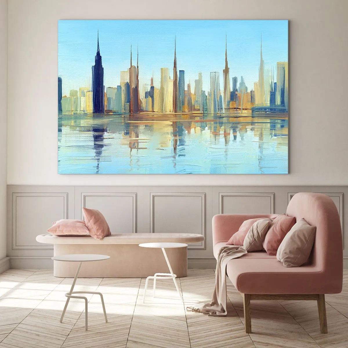 Cuadro sobre vidrio - Impresiones sobre Vidrio - Un panorama de la metrópolis reflejada en el agua bajo un cielo azul. - 100x70cm - Metrópolis soleada - Decoración de pared moderna para salón y dormitorio ARTTOR
