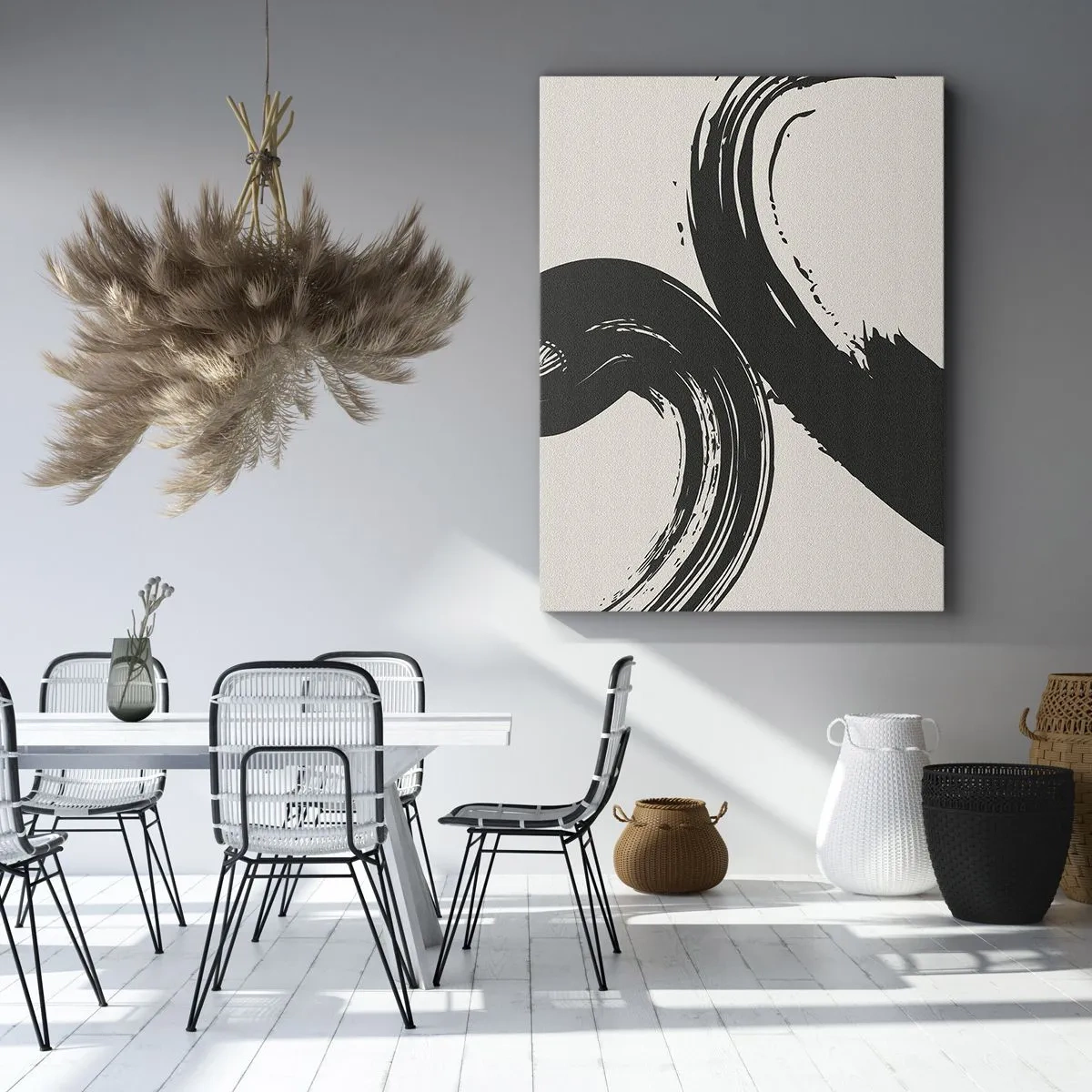 Cuadro sobre lienzo - Impresión de Imagen - Pinceladas dinámicas en negro sobre un fondo claro - 50x70cm - Barrido y circular - Decoración de pared moderna para salón y dormitorio ARTTOR