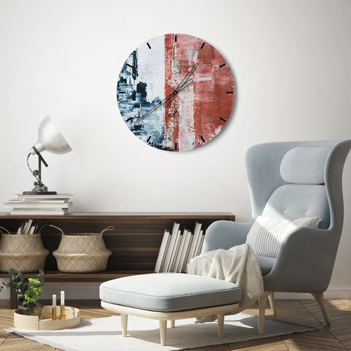 Reloj de pared - Reloj de vidrio - Composición abstracta en tonos azules y rojos. - 30x30cm - Mitad abstracción, mitad abstracción - Decoración de pared moderna para salón, cocina y dormitorio ARTTOR